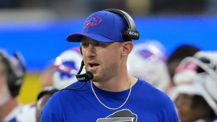 Oct 12, 2026; Inglewood, California, USA;  Buffalo Bills head coach Joe Brady looks on during the first quarter against the Los Angeles Rams at SoFi Stadium.  Mandatory Credit: Jayne Kamin-Oncea-Imagn Images