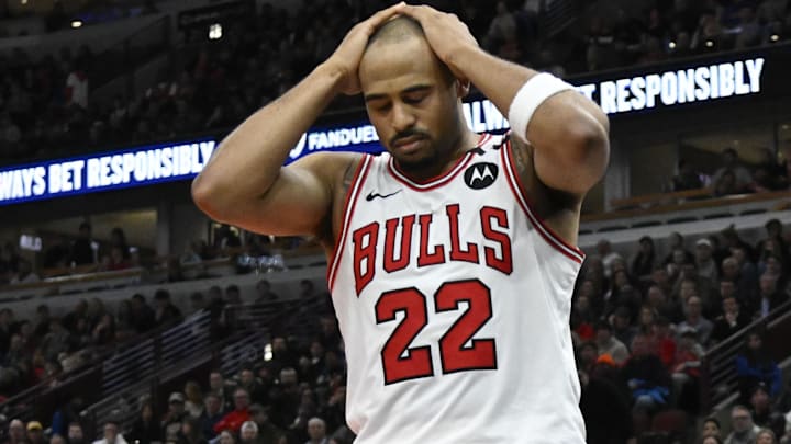 Former Chicago Bulls forward Talen Horton-Tucker (22) reacts after he fouls Cleveland Cavaliers guard Donovan Mitchell (not pictured) during the second half at United Center.