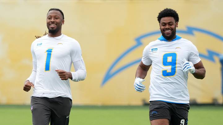May 11, 2026; El Segundo, CA, USA; Los Angeles Chargers receivers Quentin Johnston (1) and Tre Harris (9) during offseason workouts at The Bolt. Mandatory Credit: Kirby Lee-Imagn Images May 11, 2026; El Segundo, CA, USA; Los Angeles Chargers receivers Quentin Johnston (1) and Tre Harris (9) during offseason workouts at The Bolt. Mandatory Credit: Kirby Lee-Imagn Images