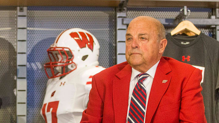 7/10/2020: Tribune Photo/ROBERT FRANKLINNotre Dame Athletic Director Jack Swarbrick and University of Wisconsin Athletic Director Barry Alvarez are shown on Aug. 14, 2017, inside the Under Armour store in Chicago during an announcement for a series of football games in 2020 and 2021 to be played at Lambeau Field and Soldier Field Notre Dame Athletic Director Jack Swarbrick and University of Wisconsin Athletic Director Barry Alvarez speak during an announcement for a series of football games in