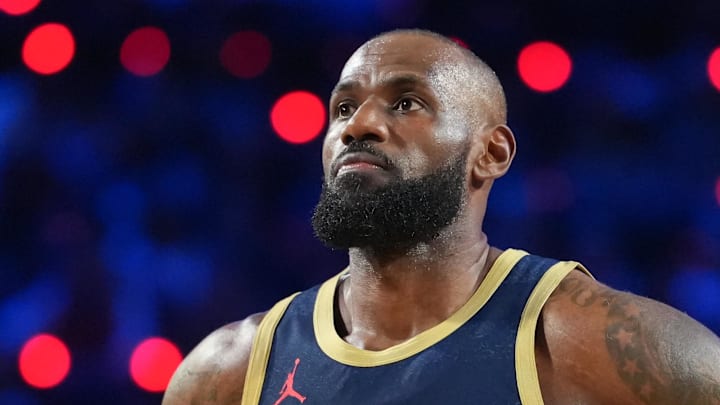 Feb 15, 2026; Inglewood, California, USA; Team USA Stripes forward LeBron James (23) of the Los Angeles Lakers looks on in game two against Team Starsduring the 75th NBA All Star Game at Intuit Dome. Mandatory Credit: Kirby Lee-Imagn Images