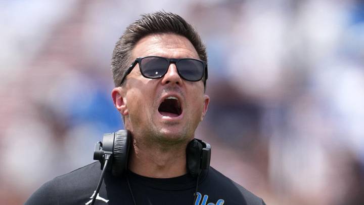 May 2, 2026; Pasadena, CA, USA; UCLA Bruins coach Bob Chesney reacts during the spring game at Rose Bowl. Mandatory Credit: Kirby Lee-Imagn Images