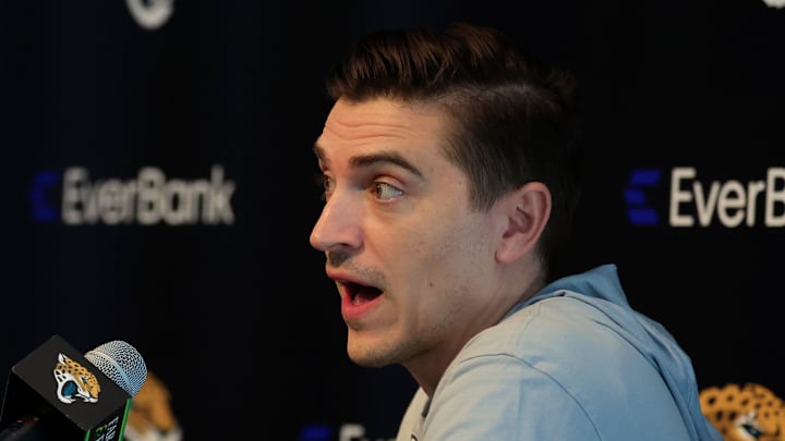 Jacksonville Jaguars general manager James Gladstone, right, speaks next to head coach Liam Coen during a press conference at Miller Electric Center Tuesday, April 15, 2025 in Jacksonville, Fla. [Corey Perrine/Florida Times-Union]