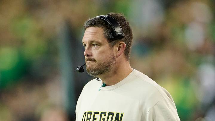 Oct 17, 2026; Eugene, Oregon, USA; Oregon Ducks head coach Dan Lanning walks out to the field after taking a time out late in the second half in a game against the Nebraska Cornhuskers at Autzen Stadium.