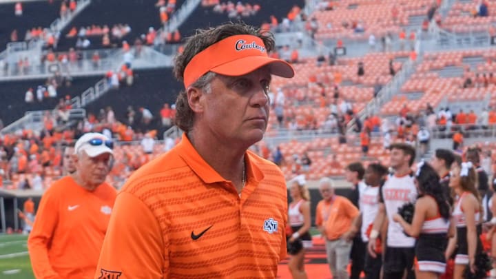 Oklahoma State coach Mike Gundy walks of the field after a college football game between the Oklahoma State Cowboys (OSU) and the West Virginia Mountaineers at Boone Pickens Stadium in Stillwater, Okla., Saturday, Oct. 5, 2024.