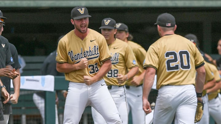 Vanderbilt Commodores pitcher David Horn Jr (38) reacts after pitcher Carter Holton (20) pitches out of the bottom of the eighth inning against the High Point Panthers in the Clemson Regional at Doug Kingsmore Stadium.