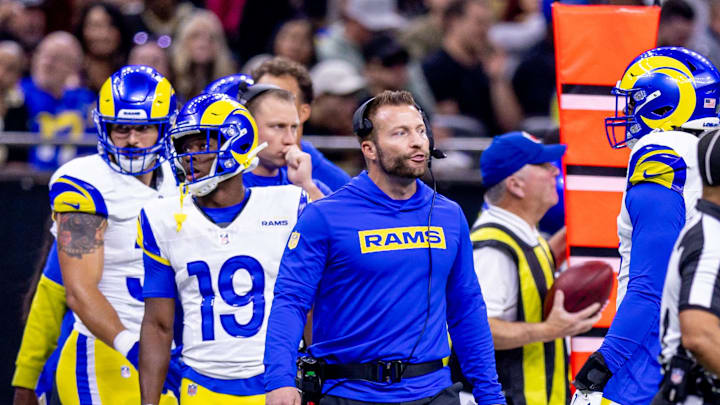 Dec 1, 2024; New Orleans, Louisiana, USA;  Los Angeles Rams head coach Sean McVay reacts to a play against the New Orleans Saints during the first half at Caesars Superdome. Mandatory Credit: Stephen Lew-Imagn Images