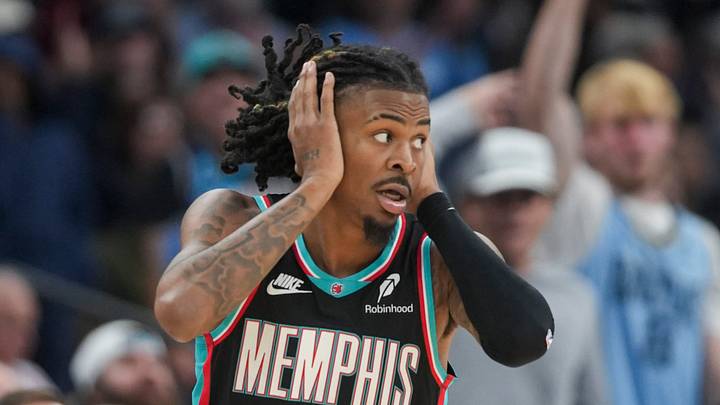 Grizzlies' Ja Morant (12) reacts after making a 3-pointer during the home opener against the New Orleans Pelicans at FedExForum on October 22, 2025.