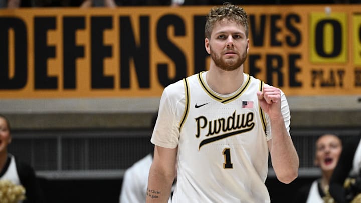 Purdue Boilermakers forward Caleb Furst (1) celebrates a call 