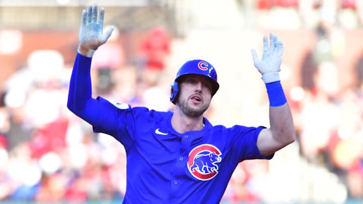Jun 25, 2025; St. Louis, Missouri, USA; Chicago Cubs outfielder Kyle Tucker (30) celebrates his home run against the St. Louis Cardinals in the third inning at Busch Stadium