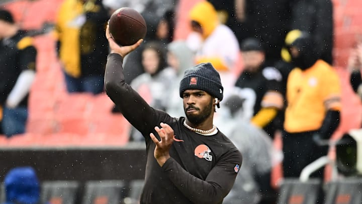 Dec 28, 2025; Cleveland, Ohio, USA; Cleveland Browns quarterback Shedeur Sanders (12) warms up before the game against the Pittsburgh Steelers at Huntington Bank Field.