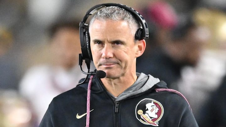 Nov 9, 2024; South Bend, Indiana, USA; Florida State Seminoles head coach Mike Norvell watches in the third quarter against the Notre Dame Fighting Irish at Notre Dame Stadium. Mandatory Credit: Matt Cashore-Imagn Images