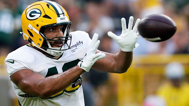 Green Bay Packers tight end Messiah Swinson (48) catches a pass during Green Bay Packers Family Night on Aug. 2, 2025, at Lambeau Field in Green Bay, Wis.