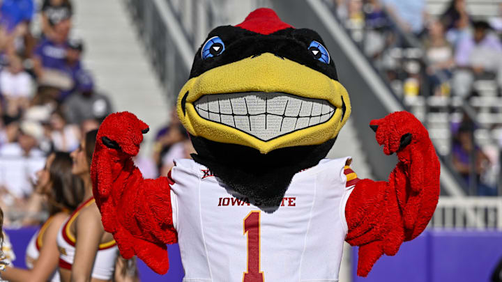 Nov 8, 2025; Fort Worth, Texas, USA; The Iowa State Cyclones mascot poses for a photo during the game against the TCU Horned Frogs at Amon G. Carter Stadium. Nov 8, 2025; Fort Worth, Texas, USA; The Iowa State Cyclones mascot poses for a photo during the game against the TCU Horned Frogs at Amon G. Carter Stadium.