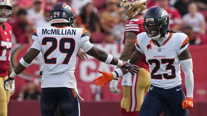 Oct 4, 2026; Santa Clara, California, USA; Denver Broncos cornerback Ja'Quan McMillian (29) and cornerback Jahdae Barron (23) celebrate a defensive play against the San Francisco 49ers during the first half at Levi's Stadium. Oct 4, 2026; Santa Clara, California, USA; Denver Broncos cornerback Ja'Quan McMillian (29) and cornerback Jahdae Barron (23) celebrate a defensive play against the San Francisco 49ers during the first half at Levi's Stadium.