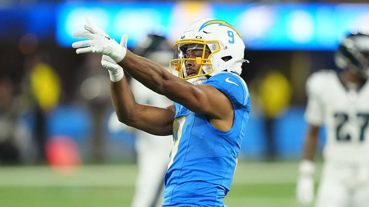Dec 8, 2025; Inglewood, California, USA;  Los Angeles Chargers wide receiver Tre' Harris (9) reacts in the first half against the Philadelphia Eagles at SoFi Stadium. Mandatory Credit: Kirby Lee-Imagn Images
