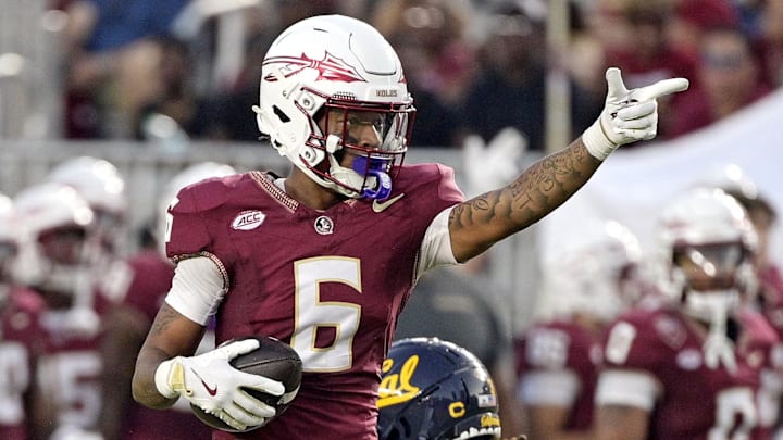 Florida State Seminoles wide receiver Jalen Brown (6) signals first down after a catch during the first half against the California Golden Bears at Doak S. Campbell Stadium. Florida State Seminoles wide receiver Jalen Brown (6) signals first down after a catch during the first half against the California Golden Bears at Doak S. Campbell Stadium.