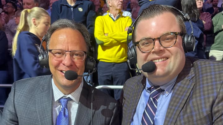 College basketball broadcaster John Fanta (right) and former Indiana basketball coach Tom Crean (left) on the call for Marquette's game against DePaul on Feb. 11.