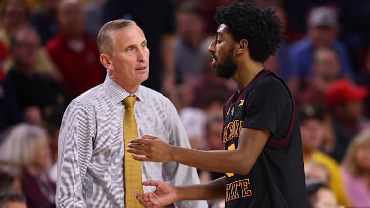 Jan 31, 2026; Tempe, Arizona, USA; Arizona State Sun Devils head coach Bobby Hurley with guard Maurice Odum (5) against the Arizona Wildcats at Desert Financial Arena. Mandatory Credit: Mark J. Rebilas-Imagn Images