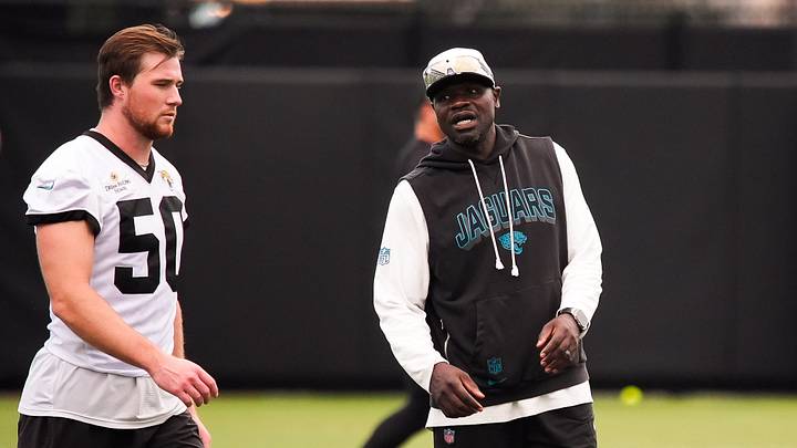 Linebackers coach Tim Lukabu, right, talks with Jacksonville Jaguars linebacker Branson Combs (50) during the second day of minicamp at the Miller Electric Center, Wednesday, June 10, 2026, in Jacksonville. [Doug Engle/Florida Times-Union]