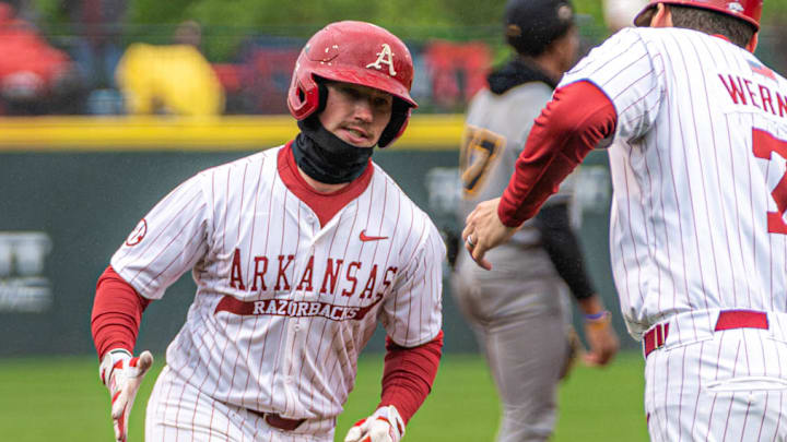 Arkansas Razorbacks third baseman Brent Iredale after a homer against the Missouri Tigers at Baum-Walker Stadium in Fayetteville, Ark.