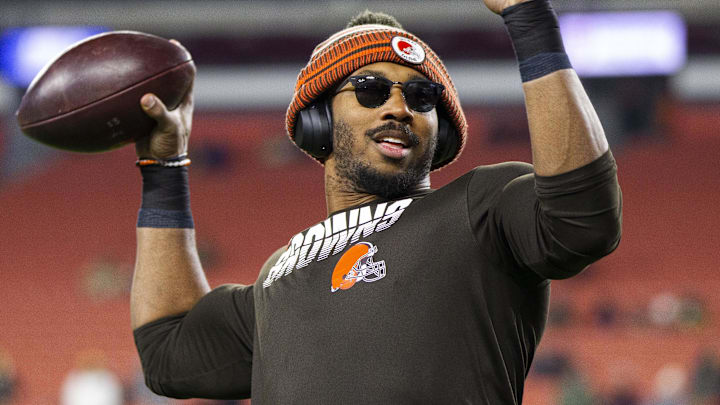 Nov 14, 2019; Cleveland, OH, USA; Cleveland Browns defensive end Myles Garrett (95) throws a ball to fans during warmups before a game against the Pittsburgh Steelers at FirstEnergy Stadium. Mandatory Credit: Scott R. Galvin-Imagn Images