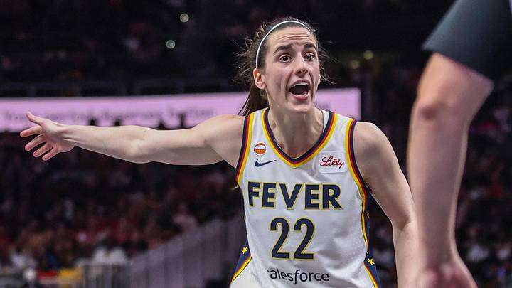 Jun 20, 2026; Atlanta, Georgia, USA; Indiana Fever guard Caitlin Clark (22) yells at the referee after a call during the game against the Atlanta Dream during the fourth quarter at State Farm Arena. Mandatory Credit: Jordan Godfree-Imagn Images