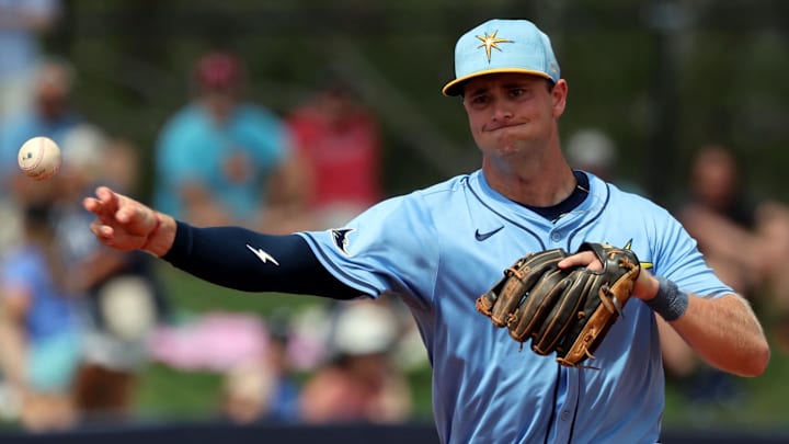 Tampa Bay Rays infielder Tanner Murray (84) throws to first base against the Toronto Blue Jays at Charlotte Sports Park. Tampa Bay Rays infielder Tanner Murray (84) throws to first base against the Toronto Blue Jays at Charlotte Sports Park.