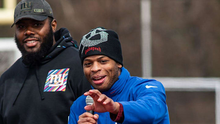 NY Giants player Anthony Johnson talks to students during the Section 1 flag football clinic at Somers High School in Lincolndale, NY on Saturday, March 22, 2025. NY Giants player Anthony Johnson talks to students during the Section 1 flag football clinic at Somers High School in Lincolndale, NY on Saturday, March 22, 2025.