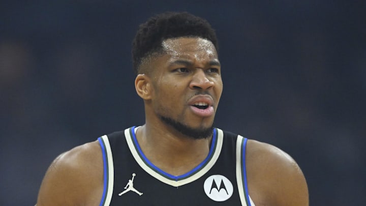 Milwaukee Bucks forward Giannis Antetokounmpo (34) reacts in the first quarter against the Cleveland Cavaliers at Rocket Arena on November 17, 2025. Milwaukee Bucks forward Giannis Antetokounmpo (34) reacts in the first quarter against the Cleveland Cavaliers at Rocket Arena on November 17, 2025.