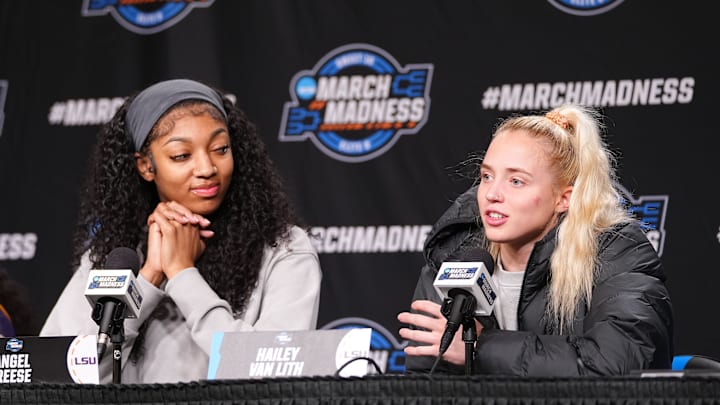 LSU Lady Tigers forward Angel Reese and guard Hailey Van Lith take questions from the media during March Madness. 