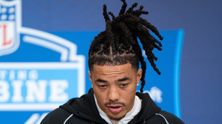 Feb 27, 2026; Indianapolis, IN, USA; Southern California wideout Makai Lemon (WO29) speaks to members of the media during the NFL Combine at the Indiana Convention Center. Mandatory Credit: Jacob Musselman-Imagn Images