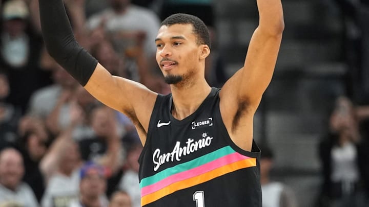 Mar 6, 2026; San Antonio, Texas, USA; San Antonio Spurs forward Victor Wembanyama (1) reacts after securing a comeback victory over the Los Angeles Clippers at Frost Bank Center. Mandatory Credit: Scott Wachter-Imagn Images