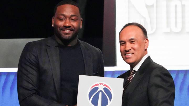May 10, 2026; Chicago, IL, USA; Mark Tatum the NBA Deputy Commissioner and Washington Wizard (left) guard John Wall pose for photos after Wizards won the 2026 NBA Draft Lottery at Navy Pier. Mandatory Credit: David Banks-Imagn Images