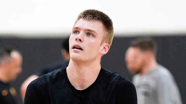 Iowa’s Bennett Stirtz (14) looks to shoot a free throw during practice June 19, 2025 at Carver-Hawkeye Arena in Iowa City, Iowa.
