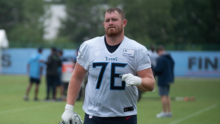 Tennessee Titans offensive linemen Zack Johnson (68) and Andrew Rupcich (76) head off the field after practice at the Tennessee Titans practice facility, Ascension Saint Thomas Sports Park Thursday morning, Aug. 10, 2023.