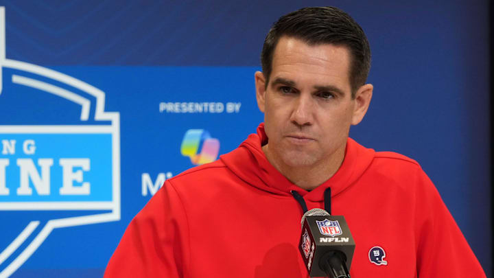 Feb 25, 2025; Indianapolis, IN, USA; New York Giants general manager Joe Schoen speaks during the NFL Scouting Combine at the Indiana Convention Center. Mandatory Credit: Kirby Lee-Imagn Images
