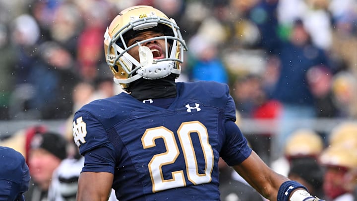 Notre Dame Fighting Irish cornerback Benjamin Morrison (20) celebrates after an interception in the first quarter against the Boston College Eagles.