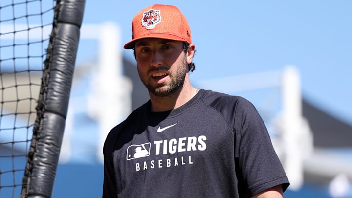 Feb 23, 2025; Tampa, Florida, USA; Detroit Tigers outfielder Matt Vierling (8) takes batting practice before a game against the New York Yankees during spring training at George M. Steinbrenner Field Feb 23, 2025; Tampa, Florida, USA; Detroit Tigers outfielder Matt Vierling (8) takes batting practice before a game against the New York Yankees during spring training at George M. Steinbrenner Field