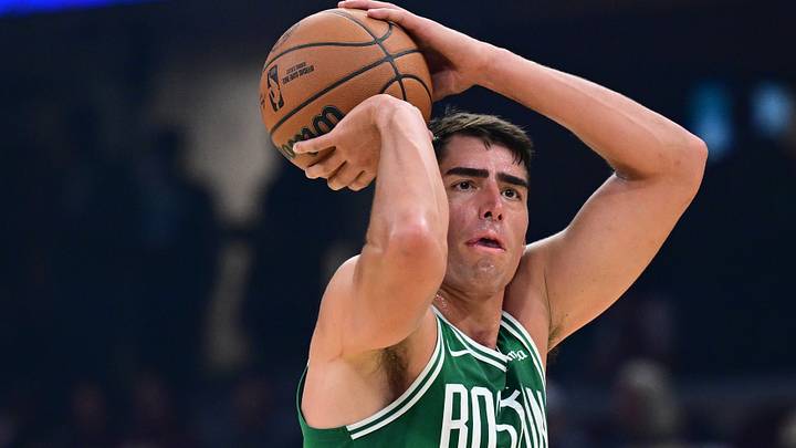 Oct 8, 2026; Cleveland, Ohio, USA; Boston Celtics center Luka Garza (52) shoots against Cleveland Cavaliers center Evan Mobley (4) during the first half of a preseason game at Rocket Arena. Mandatory Credit: David Dermer-Imagn Images Oct 8, 2026; Cleveland, Ohio, USA; Boston Celtics center Luka Garza (52) shoots against Cleveland Cavaliers center Evan Mobley (4) during the first half of a preseason game at Rocket Arena. Mandatory Credit: David Dermer-Imagn Images