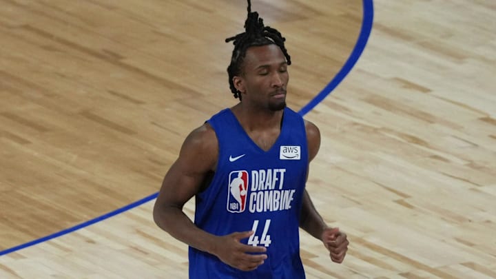 May 12, 2026; Chicago, IL, USA; Darryn Peterson participates in the 2026 NBA Draft Combine at Wintrust Arena. Mandatory Credit: David Banks-Imagn Images