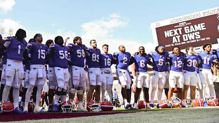 Sep 21, 2024; Starkville, Mississippi, USA; Florida Gators players sing after a game against the Mississippi State Bulldogs at Davis Wade Stadium at Scott Field. Mandatory Credit: Matt Bush-Imagn Images