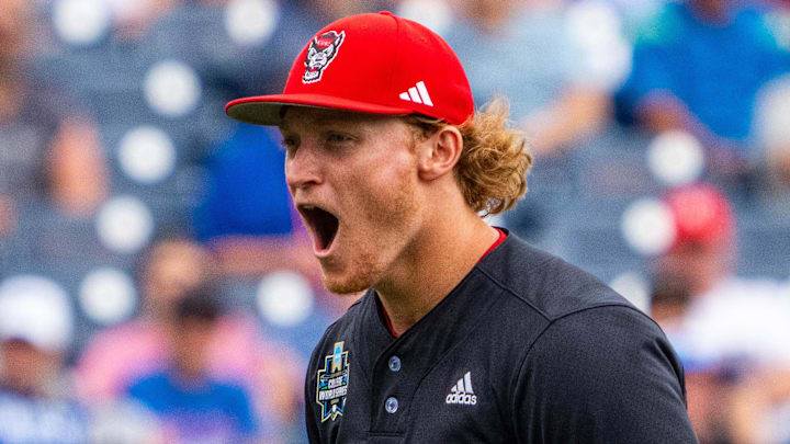 Former NC State Wolfpack third baseman Alec Makarewicz (99) celebrates against the Kentucky Wildcats during the College World Series at Charles Schwab Field in Omaha, Neb.