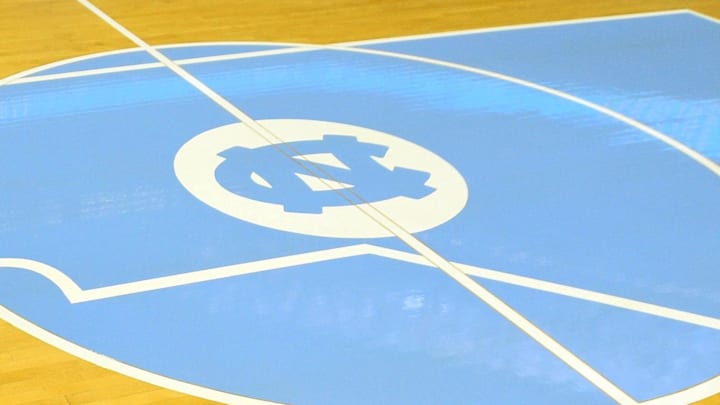 Dec 13, 2022; Chapel Hill, North Carolina, USA; A view of the center court logo at Dean E. Smith Center. Mandatory Credit: Bob Donnan-Imagn Images