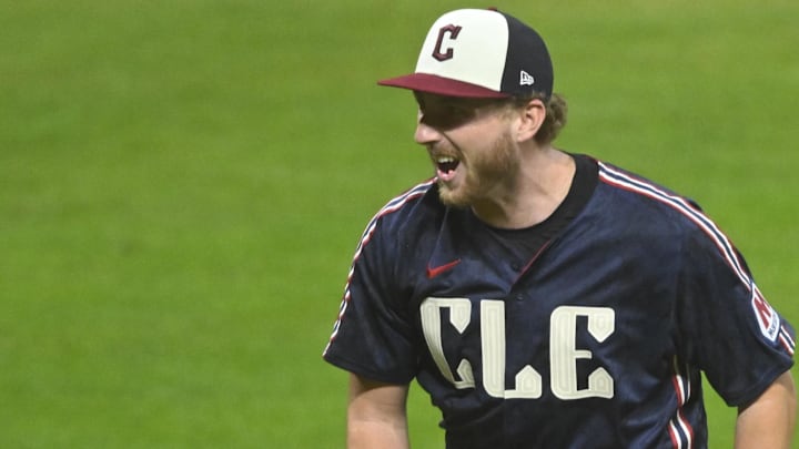 Sep 12, 2025; Cleveland, Ohio, USA; Cleveland Guardians starting pitcher Tanner Bibee (28) celebrates his complete game shutout win over the Chicago White Sox at Progressive Field. Mandatory Credit: David Richard-Imagn Images