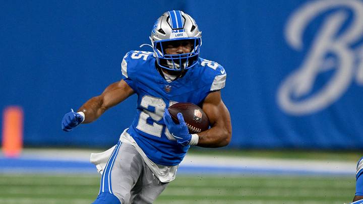 Aug 22, 2026; Detroit, Michigan, USA;  Detroit Lions running back Jacob Saylors (25) runs the ball against the Washington Commanders in the second quarter at Ford Field.  Mandatory Credit: Lon Horwedel-Imagn Images