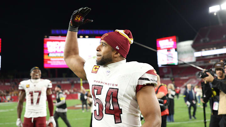  Washington Commanders linebacker Bobby Wagner (54) celebrates after winning a NFC wild card playoff against the Tampa Bay Buccaneers at Raymond James Stadium. Mandatory Credit: Nathan Ray Seebeck-Imagn Images