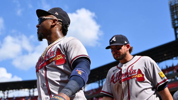 Jul 12, 2026; St. Louis, Missouri, USA; Atlanta Braves second baseman Ozzie Albies (1) third baseman Austin Riley (27) and first baseman Matt Olson (28) walk off the field after the Braves defeated the St. Louis Cardinals at Busch Stadium. Mandatory Credit: Jeff Curry-Imagn Images