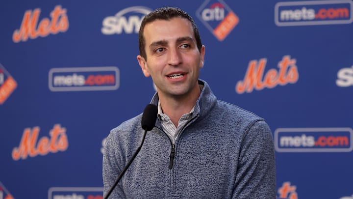 Jul 30, 2024; New York City, New York, USA; New York Mets president of baseball operations David Stearns speaks to the media about the MLB trade deadline before a game against the Minnesota Twins at Citi Field. Mandatory Credit: Brad Penner-Imagn Images