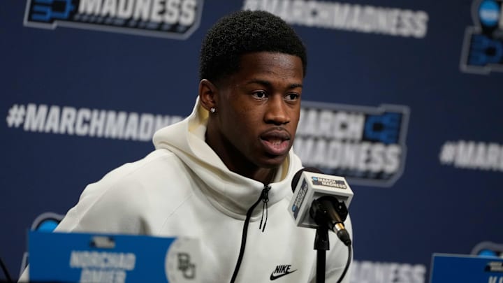 Mar 20, 2025; Raleigh, NC, USA; Baylor Bears guard VJ Edgecombe (7) during the press conference at Lenovo Center. Mandatory Credit: Bob Donnan-Imagn Images